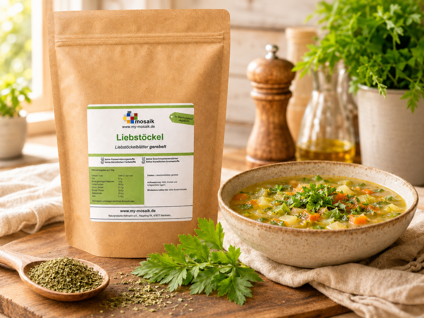 Liebstöckel 250g geschnitten und schonend getrocknet, gerebelt - Maggikraut - 100% rein und naturbelassen von my-mosaik – Bild 2